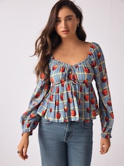 Blue Apple Print Long Sleeve Milkmaid Top - Image 2 of 7