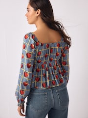 Blue Apple Print Long Sleeve Milkmaid Top - Image 3 of 7