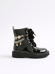 River Island Black Charm Chain Lace Up Boots - Image 1 of 5