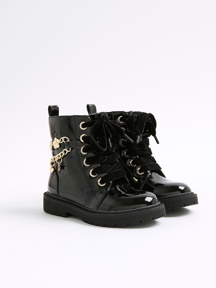 River Island Black Charm Chain Lace Up Boots - Image 2 of 5