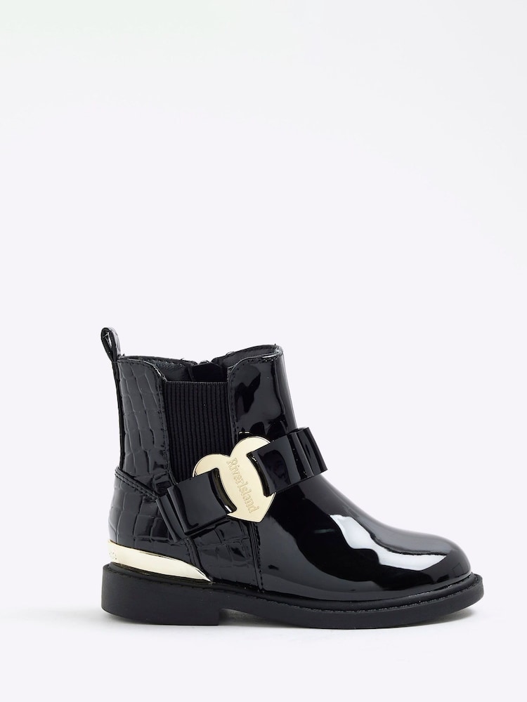 River Island Black Patent Heart Bow Chelsea Boots - Image 1 of 5