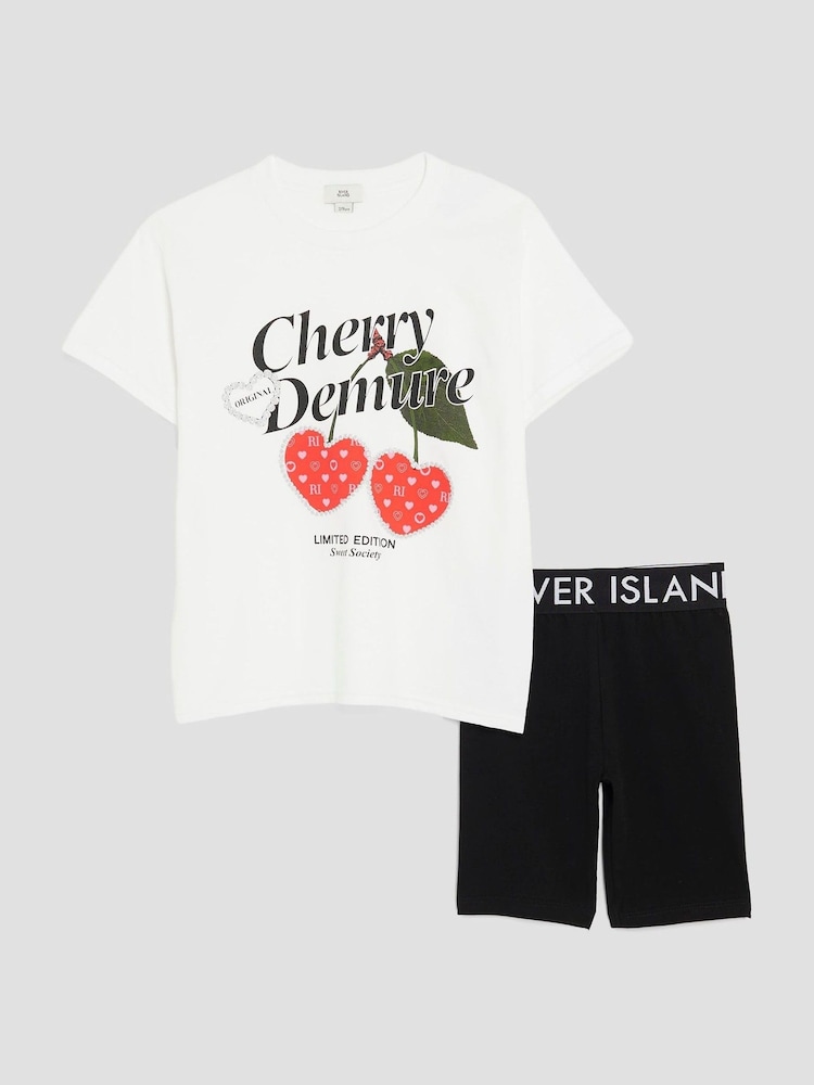 River Island White Cherry Demure T-Shirt and Cycle Shorts Set - Image 1 of 5 River Island White Cherry Demure T-Shirt and Cycle Shorts Set - Image 1 of 5