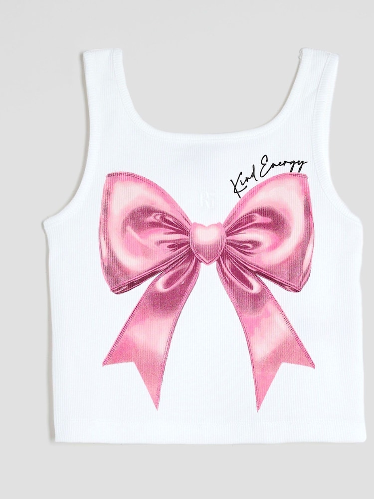 River Island White Girls Pink Bow Tank Top - Image 1 of 4