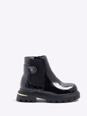 River Island Black Girls Patent Heart Print Strap Chelsea Boots - Image 1 of 5
