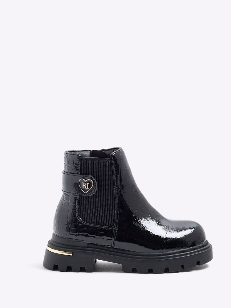 River Island Black Girls Patent Heart Print Strap Chelsea Boots - Image 1 of 5