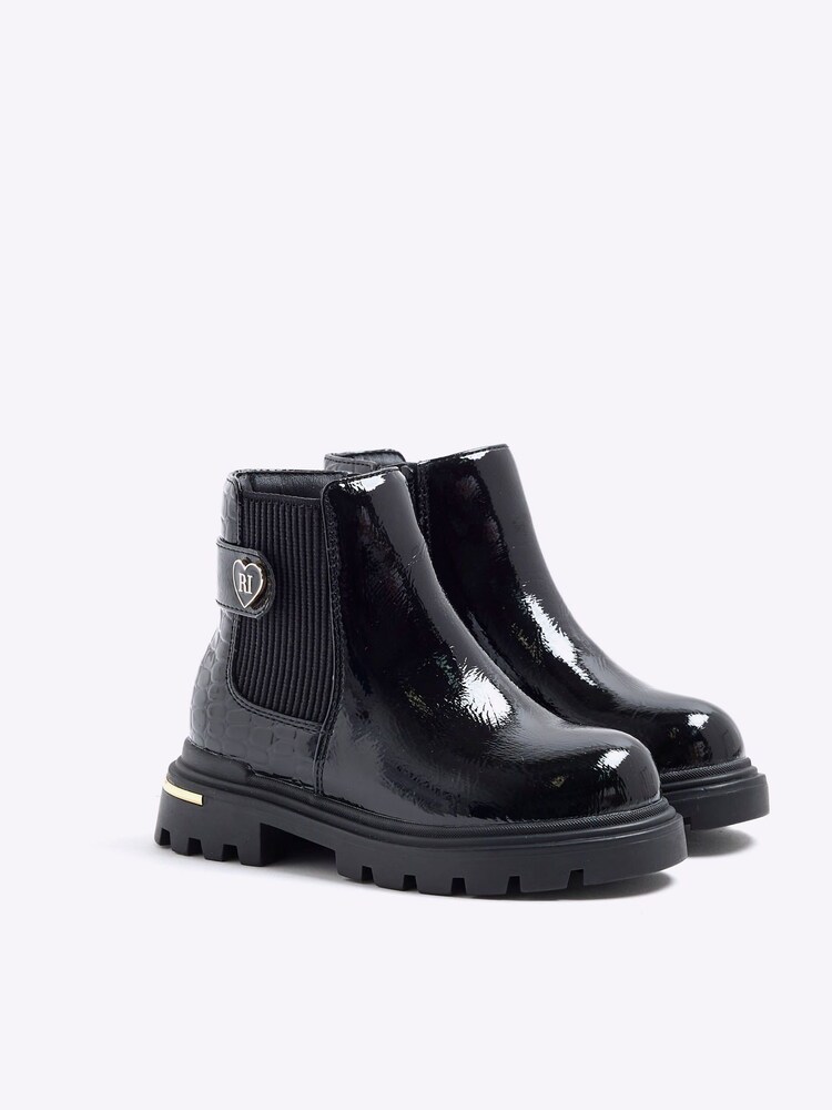 River Island Black Girls Patent Heart Print Strap Chelsea Boots - Image 2 of 5