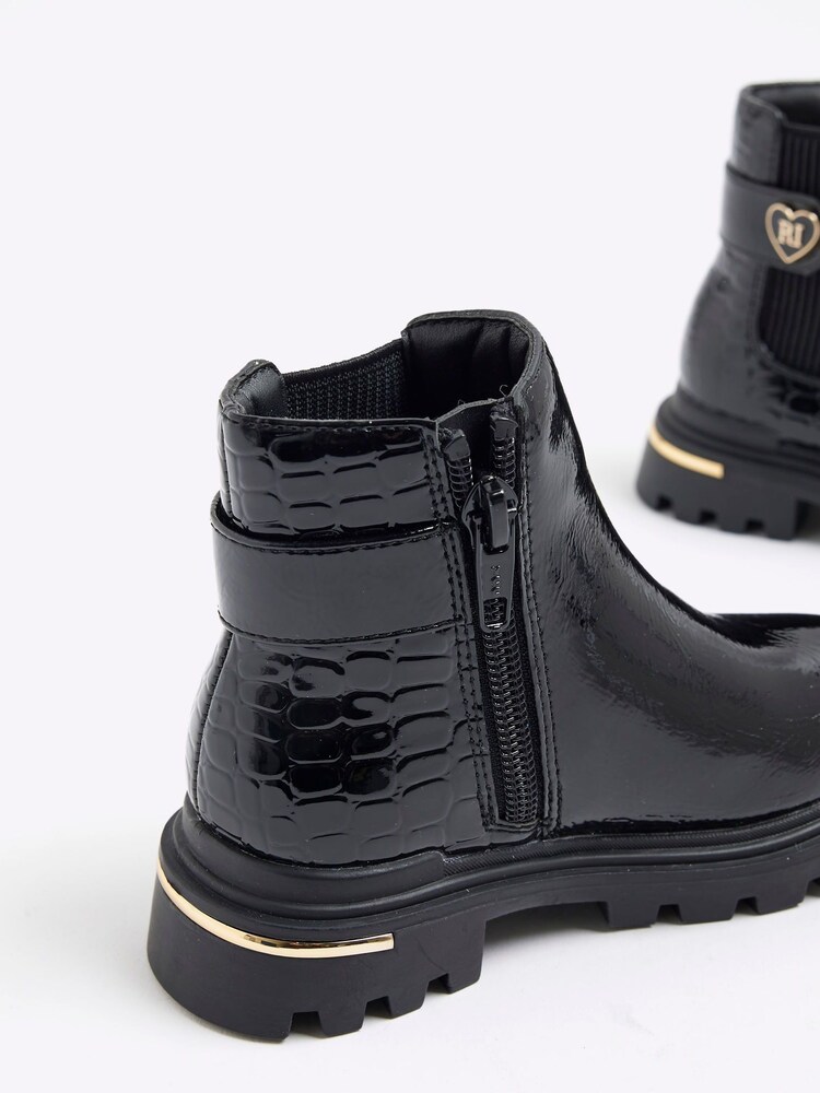 River Island Black Girls Patent Heart Print Strap Chelsea Boots - Image 5 of 5