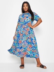 Yours Curve Blue Floral Print Midi Smock Dress - Image 1 of 5