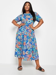 Yours Curve Blue Floral Print Midi Smock Dress - Image 2 of 5