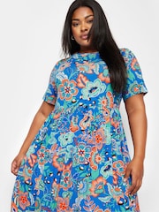 Yours Curve Blue Floral Print Midi Smock Dress - Image 4 of 5