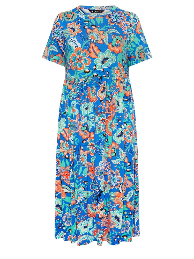 Yours Curve Blue Floral Print Midi Smock Dress - Image 5 of 5 Yours Curve Blue Floral Print Midi Smock Dress - Image 5 of 5