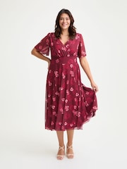 Scarlett & Jo Red Victoria Wine Rose Angel Sleeve Mesh Long Midi Dress - Image 1 of 4