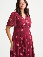 Scarlett & Jo Red Victoria Wine Rose Angel Sleeve Mesh Long Midi Dress - Image 3 of 4
