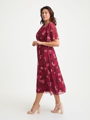 Scarlett & Jo Red Victoria Wine Rose Angel Sleeve Mesh Long Midi Dress - Image 4 of 4
