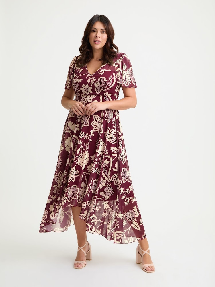 Scarlett & Jo Red Tilly Wine Print Angel Sleeve Sweetheart Dress - Image 1 of 4