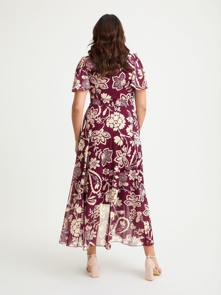 Scarlett & Jo Red Tilly Wine Print Angel Sleeve Sweetheart Dress - Image 2 of 4