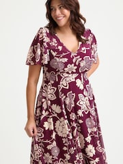 Scarlett & Jo Red Tilly Wine Print Angel Sleeve Sweetheart Dress - Image 3 of 4