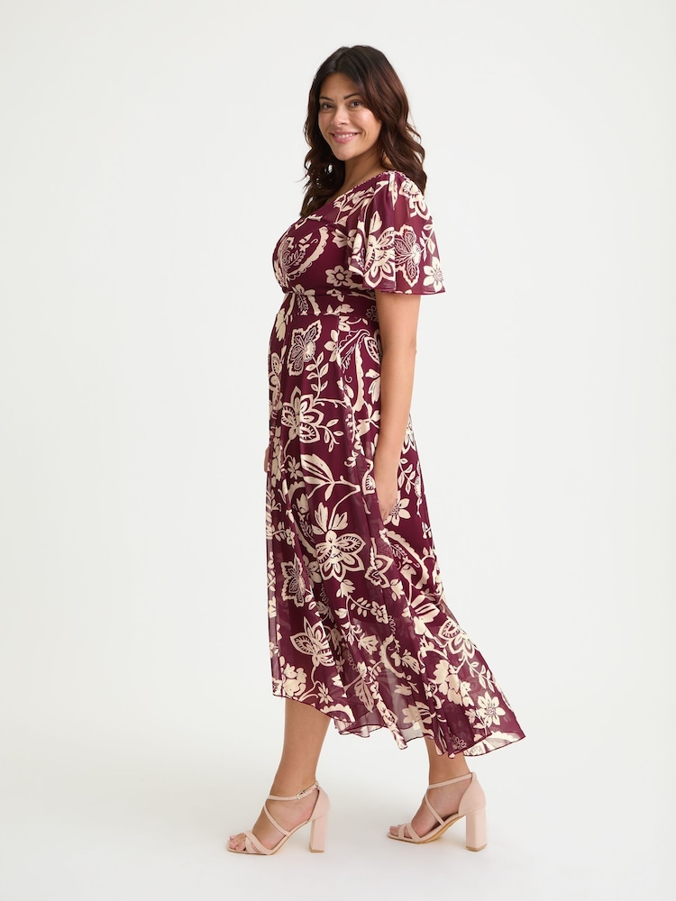 Scarlett & Jo Red Tilly Wine Print Angel Sleeve Sweetheart Dress - Image 4 of 4