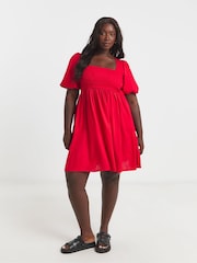 Simply Be Red Shirred Linen Skater Dress - Image 1 of 4