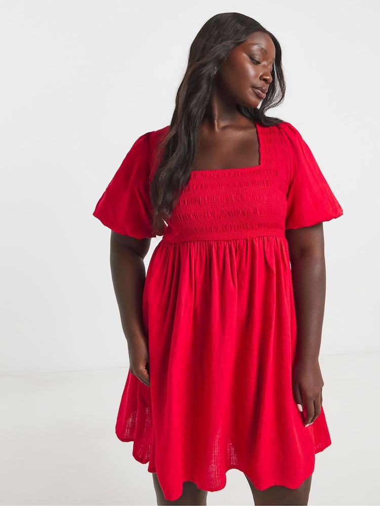 Simply Be Red Shirred Linen Skater Dress - Image 4 of 4