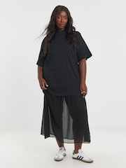 Simply Be Black 2 In 1 T-Shirt Sheer Hem Midi Dress - Image 1 of 4