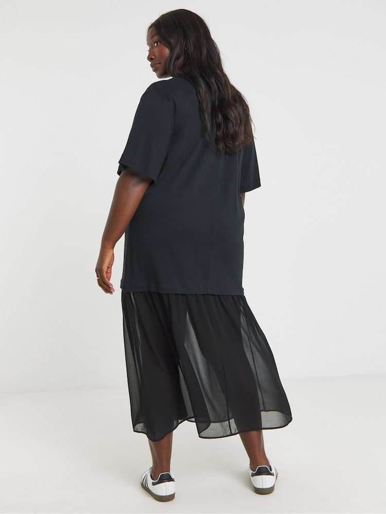 Simply Be Black 2 In 1 T-Shirt Sheer Hem Midi Dress - Image 2 of 4 Simply Be Black 2 In 1 T-Shirt Sheer Hem Midi Dress - Image 2 of 4