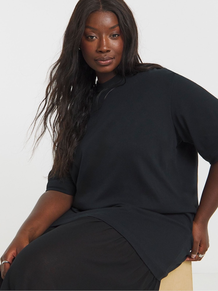 Simply Be Black 2 In 1 T-Shirt Sheer Hem Midi Dress - Image 4 of 4