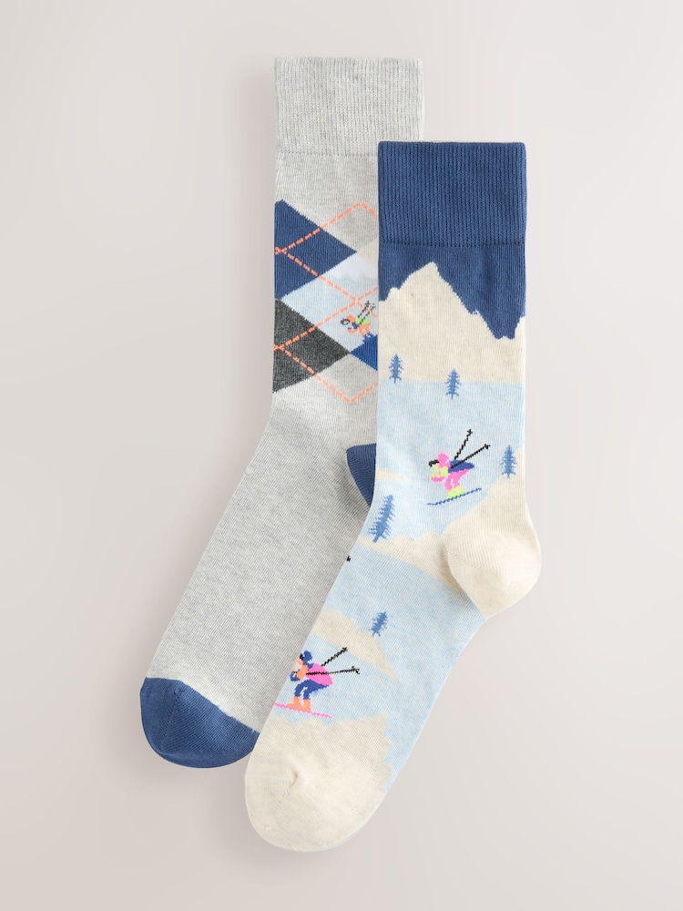 Grey/Blue Ski Scenic Pattern Socks 2 Pack - Image 1 of 5