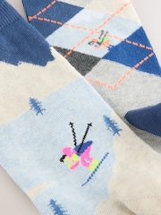 Grey/Blue Ski Scenic Pattern Socks 2 Pack - Image 4 of 5
