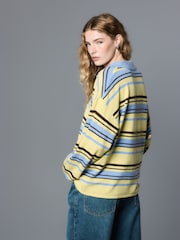 Yellow/Blue Stripe Supersoft Knitted Long Sleeve Polo Top - Image 4 of 8