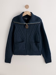 Navy Blue Stitchy Knitted Zip Up Collar Cardigan - Image 1 of 3