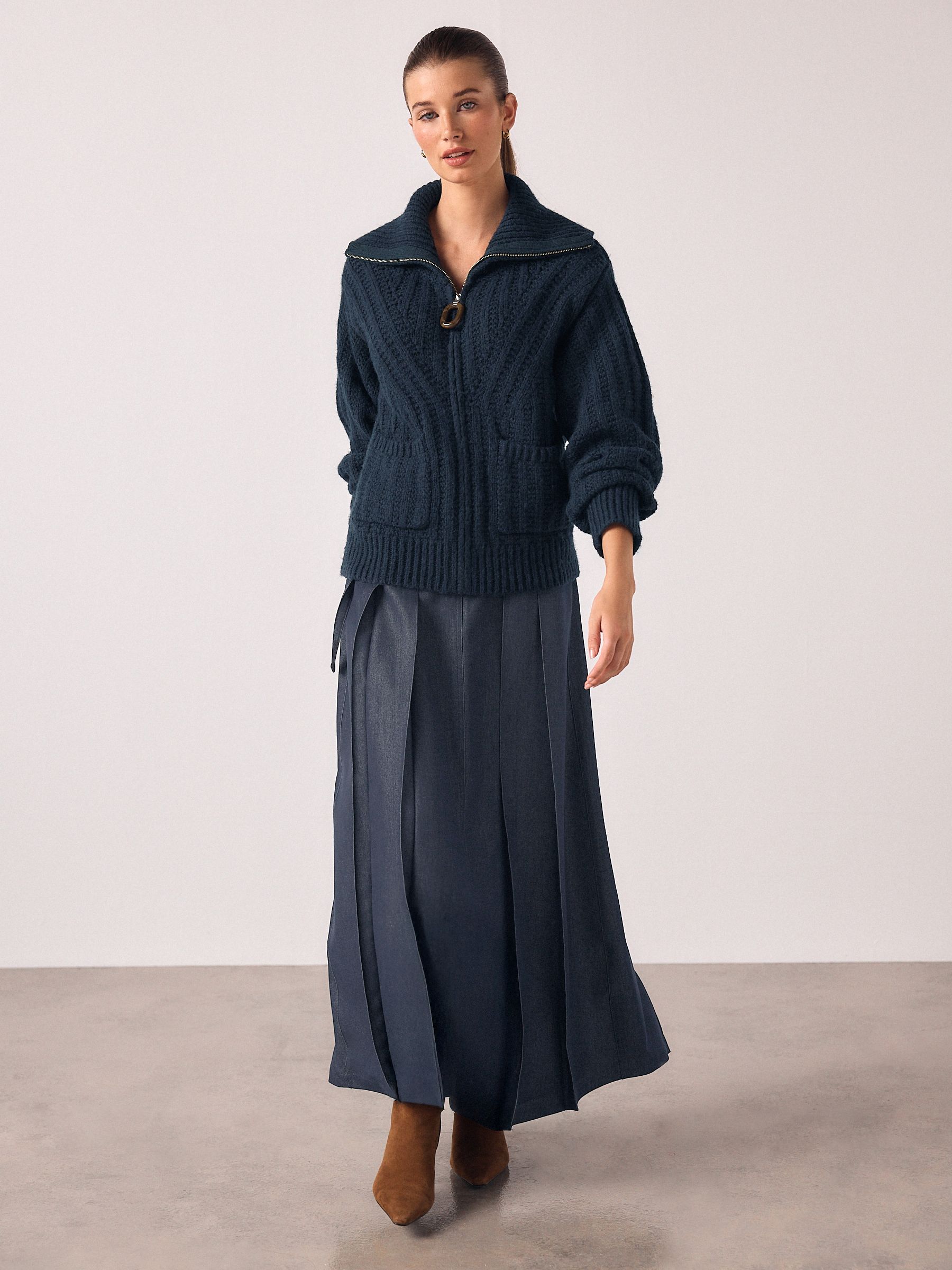 Buy Navy Blue Stitchy Knitted Zip Up Collar Cardigan from the Next