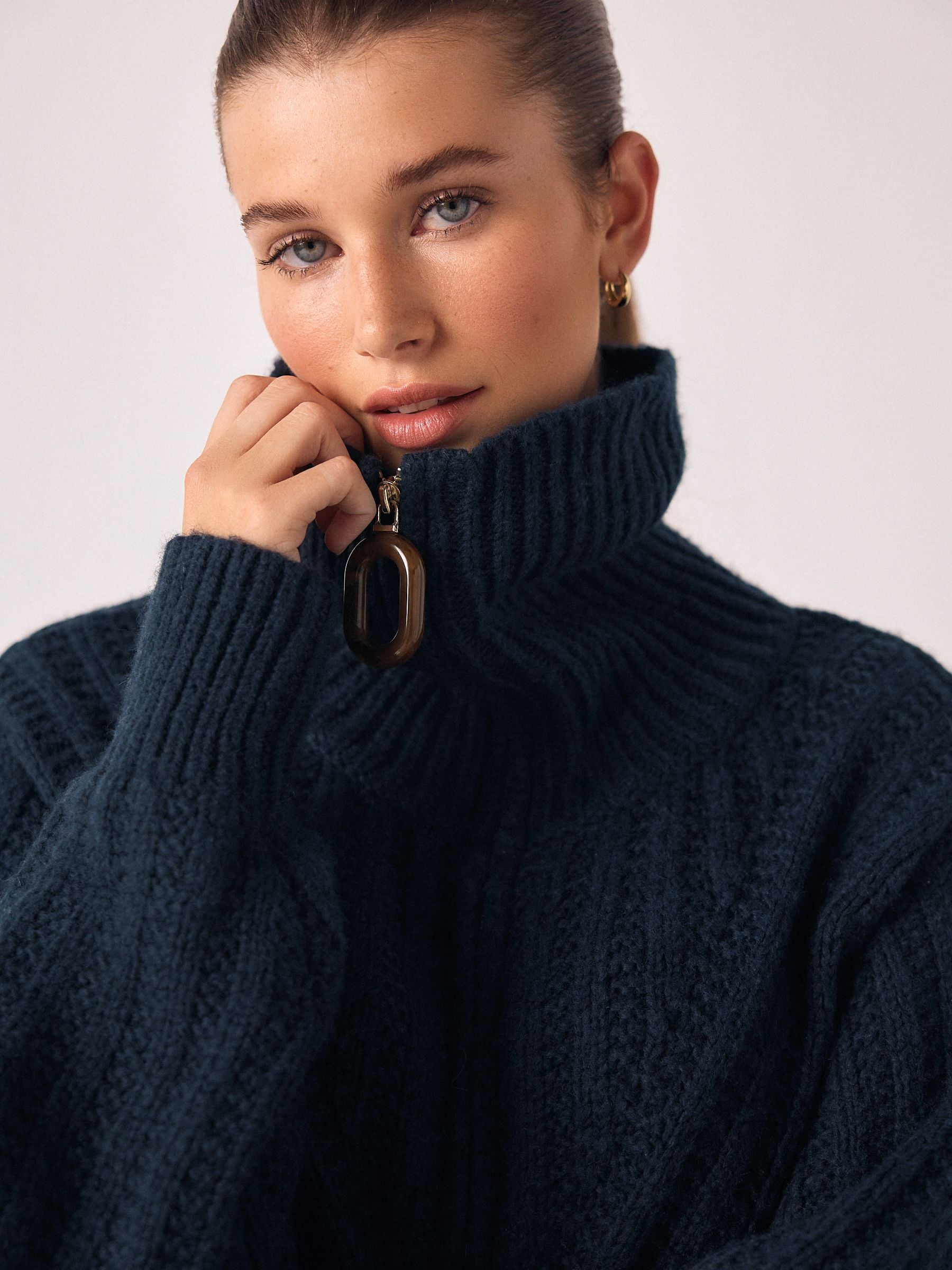 Buy Navy Blue Stitchy Knitted Zip Up Collar Cardigan from the Next