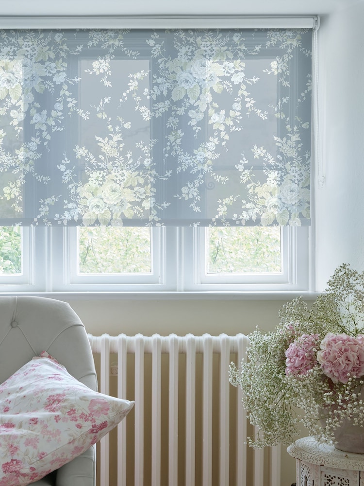 Shabby Chic by Rachel Ashwell® Dusky Blue Garden Floral Print Sheer Made to Measure Roller Blind - Image 2 of 6