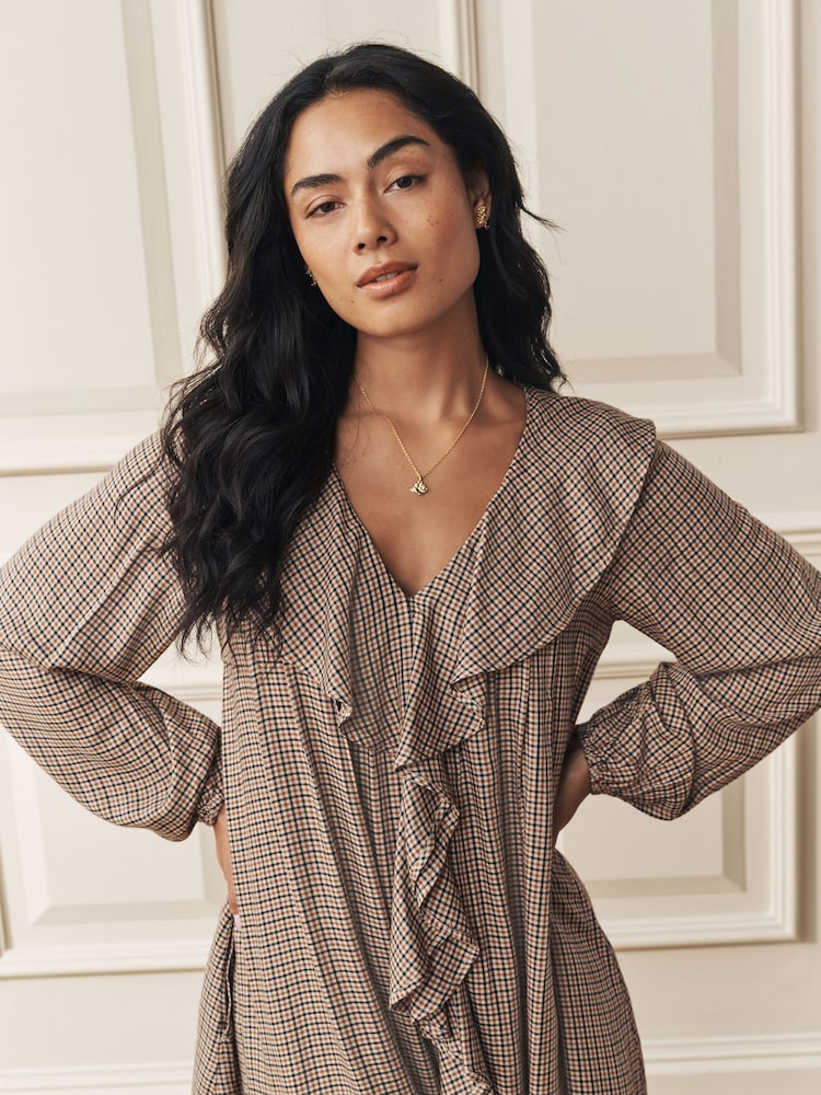 Laura Ashley Brown Heritage Check Ruffle Front Mini Dress - Image 4 of 4 Laura Ashley Brown Heritage Check Ruffle Front Mini Dress - Image 4 of 4