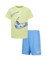 Nike Lime Green and Blue Little Kids Wild Air Mesh T-Shirt and Shorts Set - Image 1 of 7