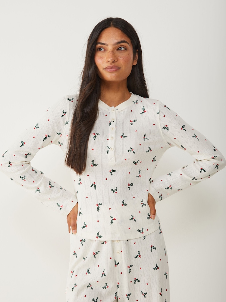 Womens Society 8 Cream Christmas Holly Pointelle Pyjamas Set XL (US 16-18)