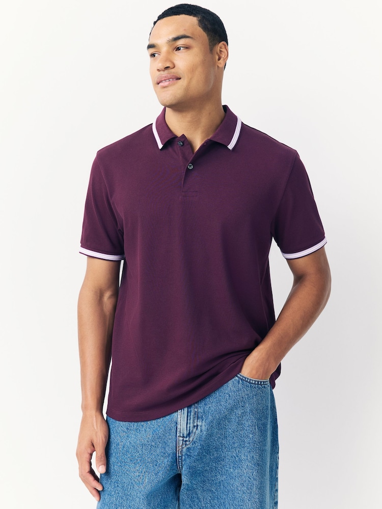 Purple Regular Fit Short Sleeve Tipped Polo Shirt - Image 1 of 7 Purple Regular Fit Short Sleeve Tipped Polo Shirt - Image 1 of 7