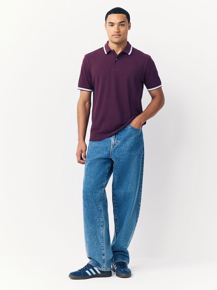 Purple Regular Fit Short Sleeve Tipped Polo Shirt - Image 2 of 7 Purple Regular Fit Short Sleeve Tipped Polo Shirt - Image 2 of 7