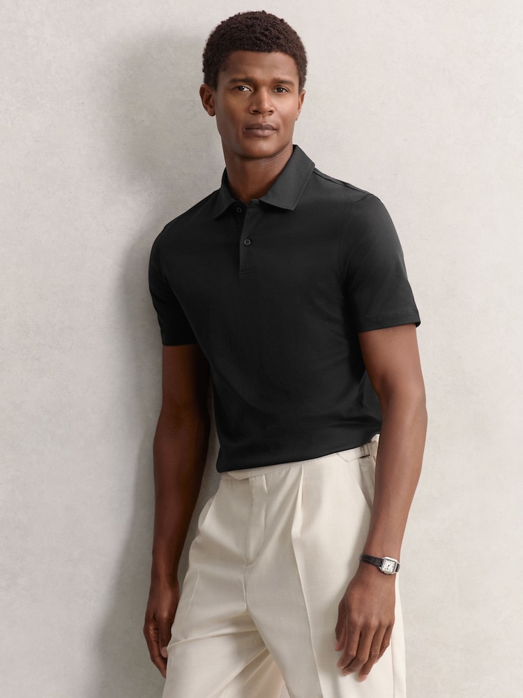Reiss Black Earl Cotton Short-Sleeve Polo Shirt - Image 1 of 6 Reiss Black Earl Cotton Short-Sleeve Polo Shirt - Image 1 of 6