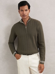 Reiss Khaki Green Tuscano Half-Zip Cable Knit Jumper With Wool - Image 1 of 5