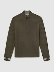 Reiss Khaki Green Tuscano Half-Zip Cable Knit Jumper With Wool - Image 2 of 5