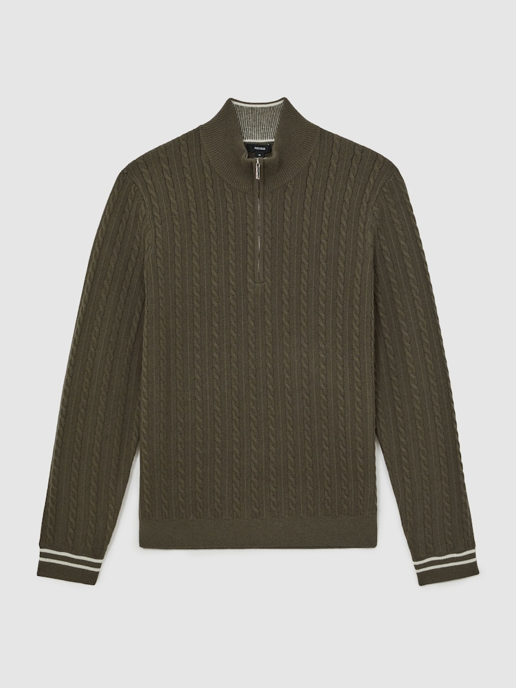 Reiss Khaki Green Tuscano Half-Zip Cable Knit Jumper With Wool - Image 2 of 5