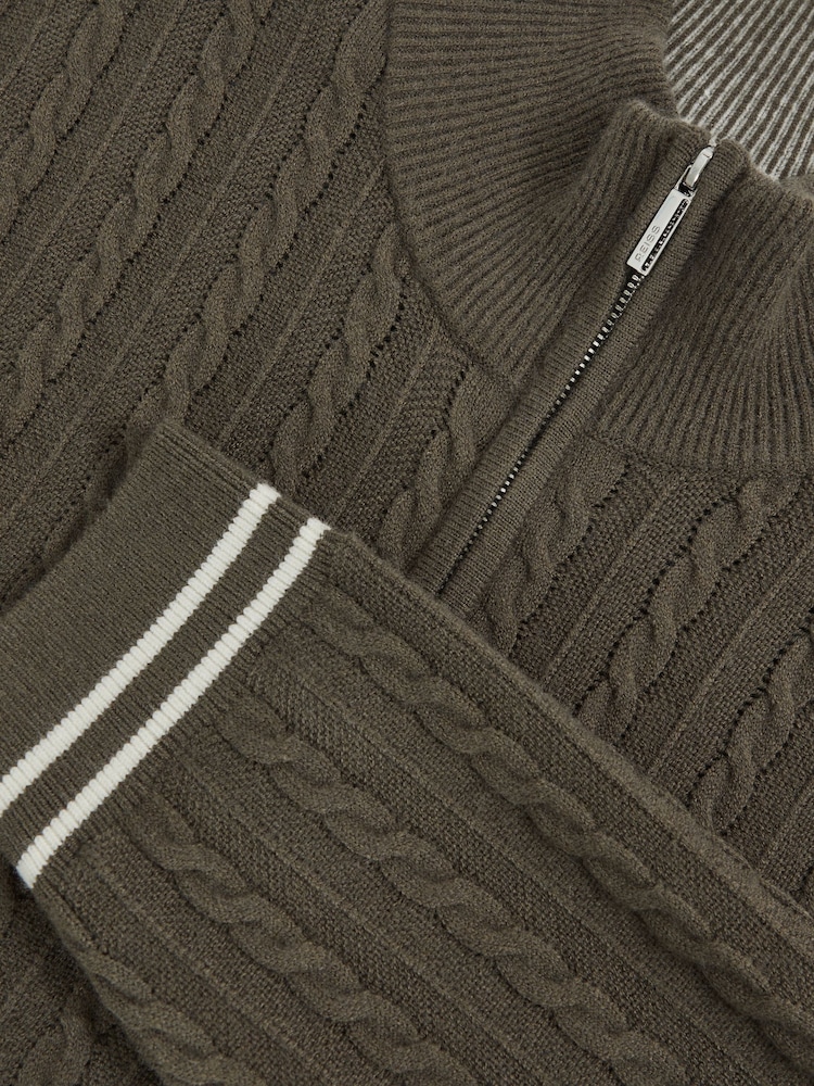 Reiss Khaki Green Tuscano Half-Zip Cable Knit Jumper With Wool - Image 5 of 5