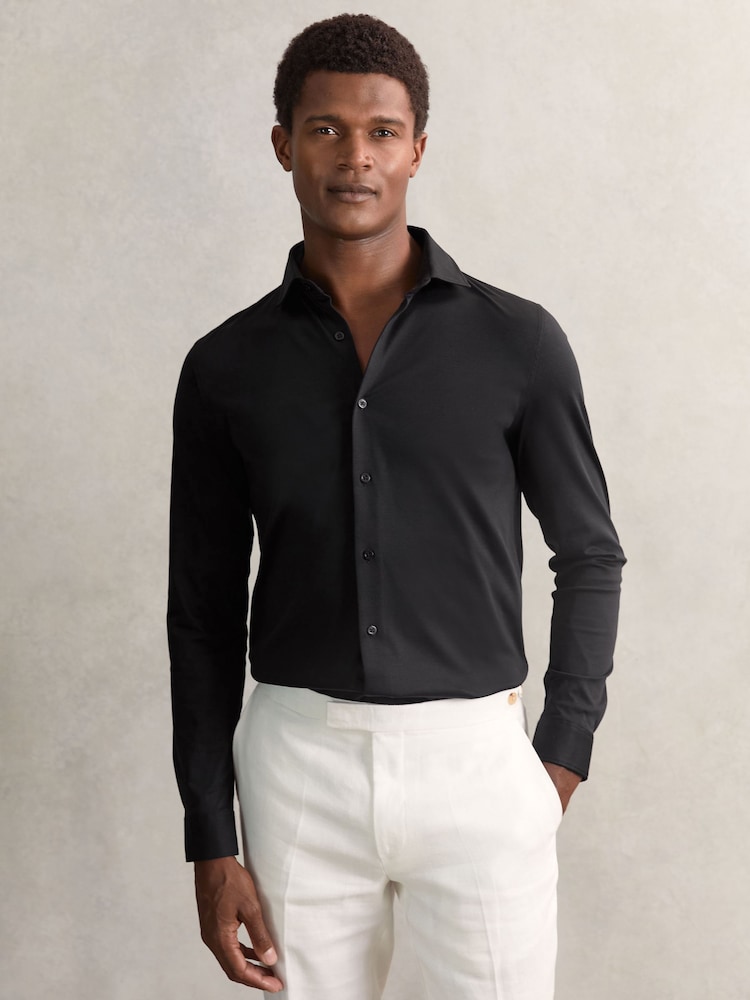 Reiss Black Duke Cotton-Jersey Button-Through Shirt - Image 1 of 7 Reiss Black Duke Cotton-Jersey Button-Through Shirt - Image 1 of 7