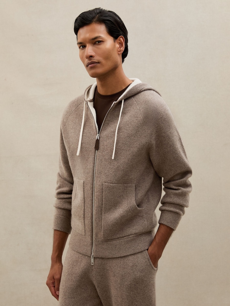Reiss Mouse Brown Melange Sheffield Hoodie - Image 1 of 7 Reiss Mouse Brown Melange Sheffield Hoodie - Image 1 of 7