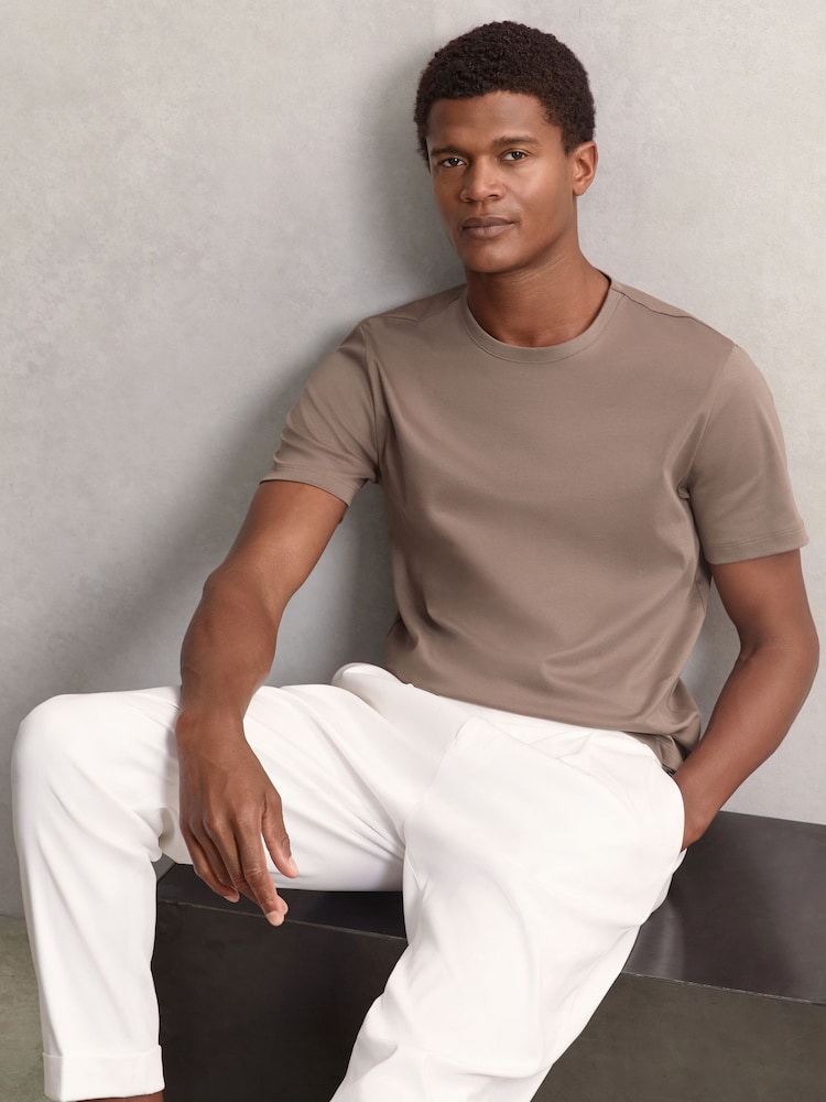 Reiss Taupe Brown Count Airwater-Cotton Crew-Neck T-Shirt - Image 1 of 6 Reiss Taupe Brown Count Airwater-Cotton Crew-Neck T-Shirt - Image 1 of 6