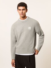 Reiss Grey Melange Archibald Monogram Embroidered Wool Jumper - Image 1 of 7