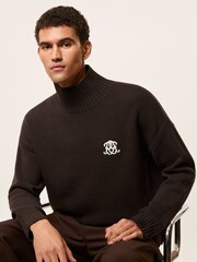 Reiss Dark Brown Curtis Monogram Wool Funnel-Neck Jumper - Image 1 of 7