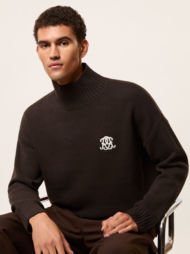 Reiss Dark Brown Curtis Monogram Wool Funnel-Neck Jumper - Image 1 of 7